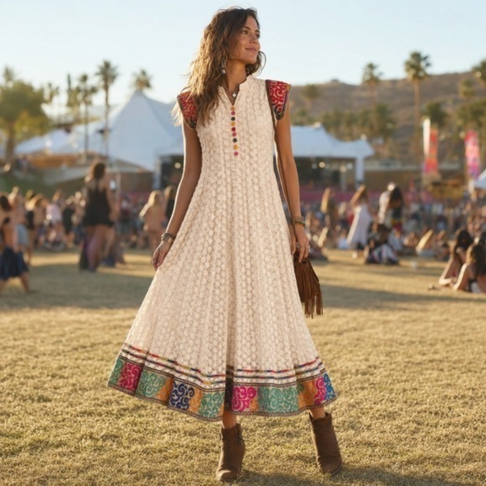 Vintage 1970s Misha Boho Lace Festival Midi Dress Multi Color Embroidered Border